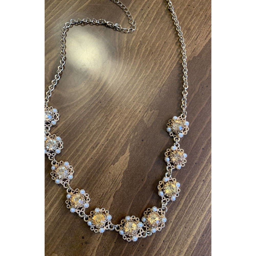 Fashion Gold Tone Metal Yellow Rhinestones Faux Pearl 22” Necklace